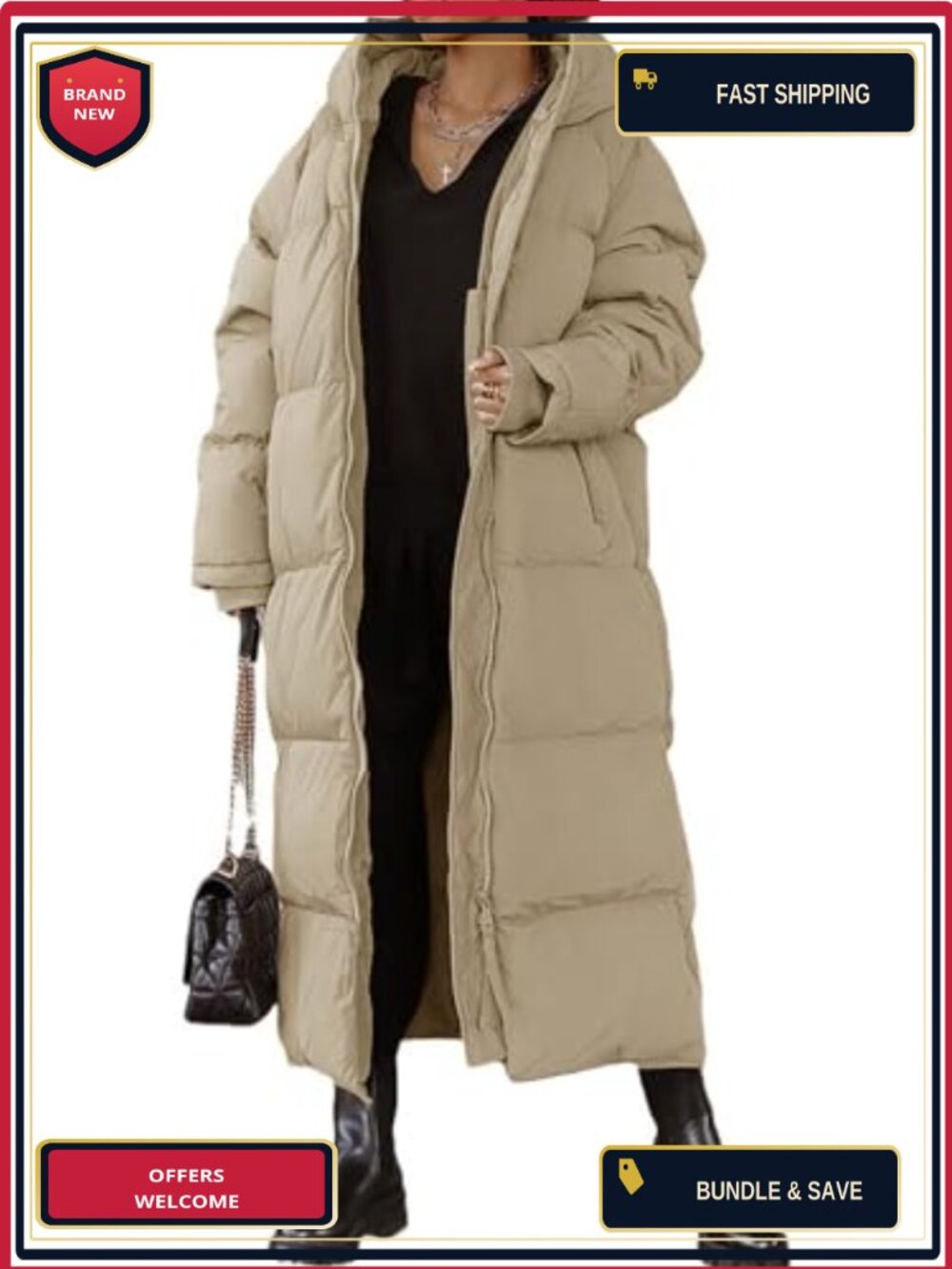 Women's Hooded Long Puffer Coat Quilted Winter Jacket Down Alternative